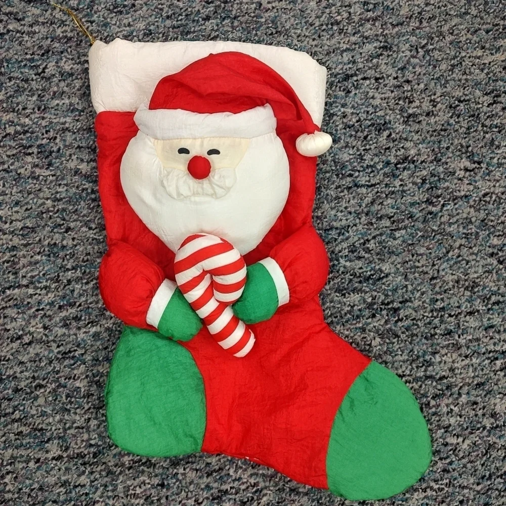 Vintage Nylon Parachute 3D Plush Santa Claus Candy Cane Christmas Stocking